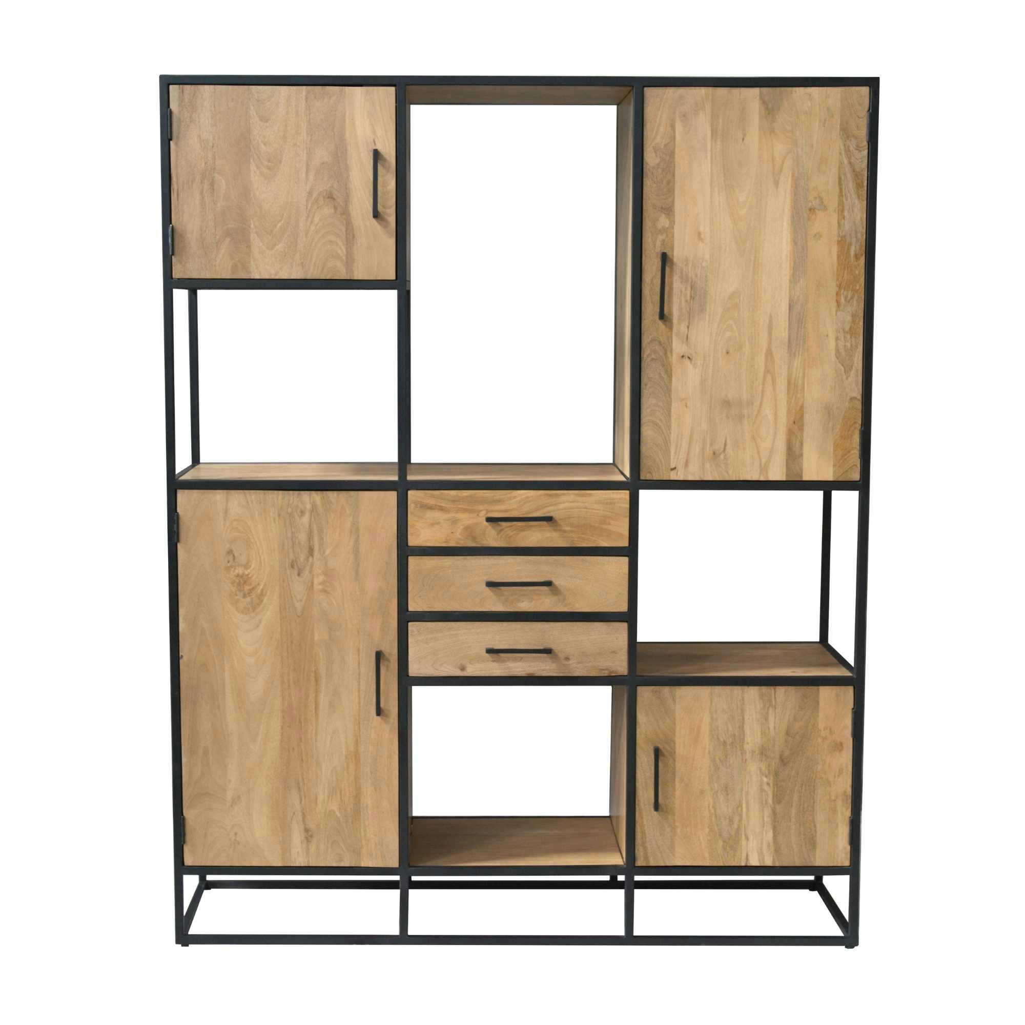 Bibliothèque XXL 4 portes bois clair et métal noir RIVANO