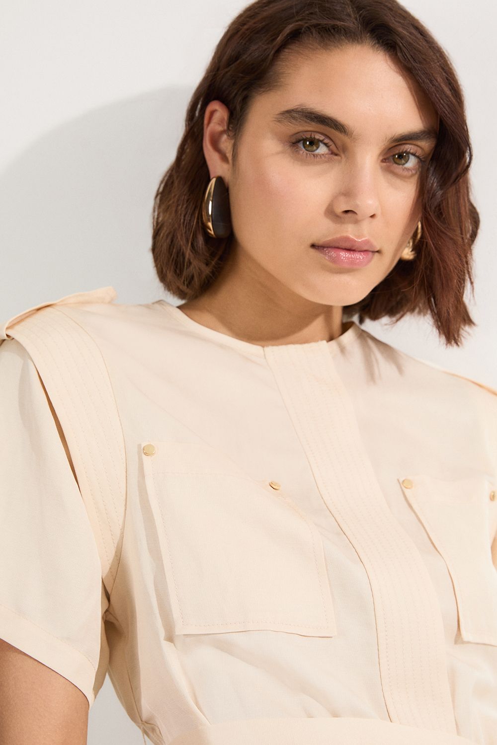 KarenMillen Linen Twill Top Stitch Belted Top With Gold Studs