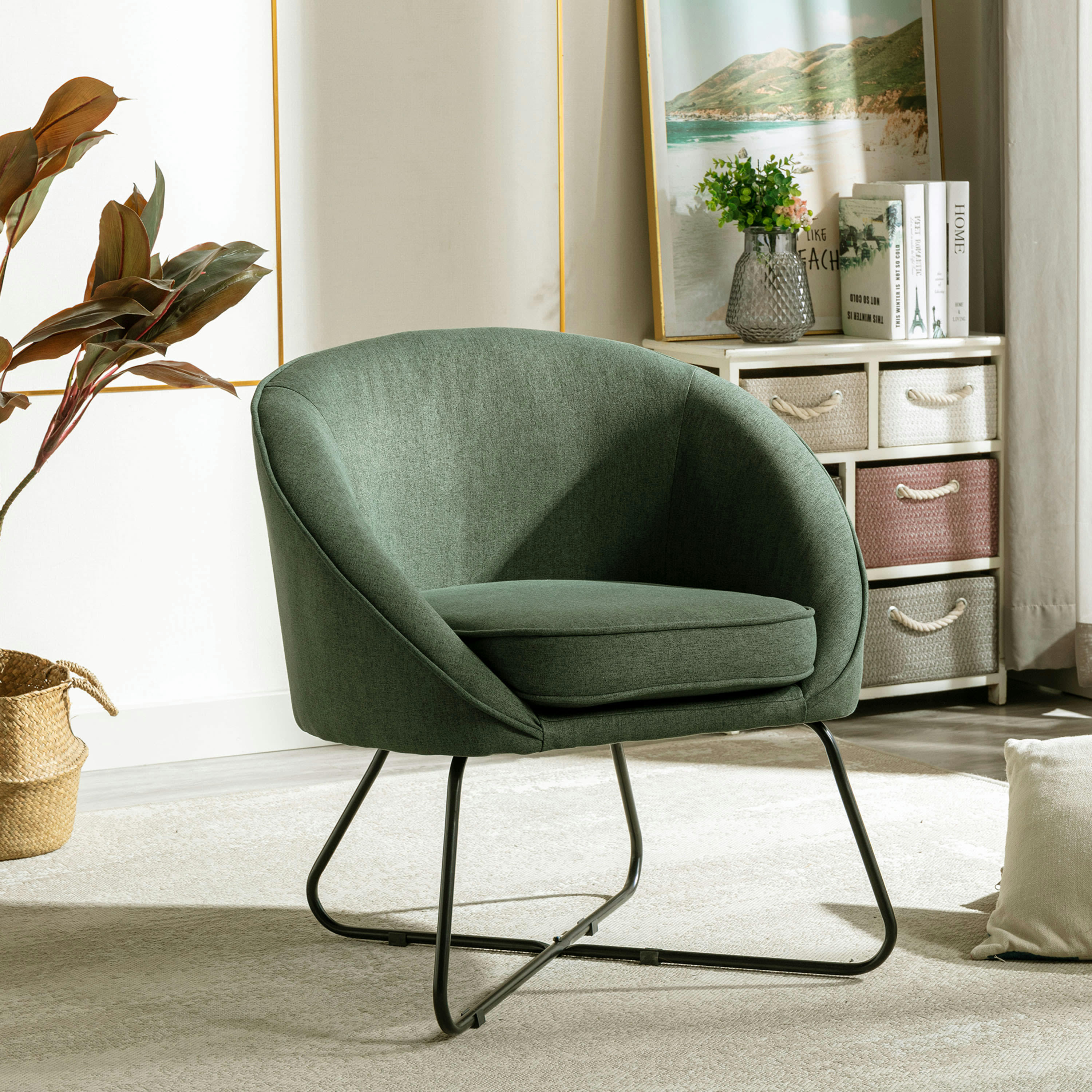 JONAS - Fauteuil design tissu vert forêt pieds métal noir