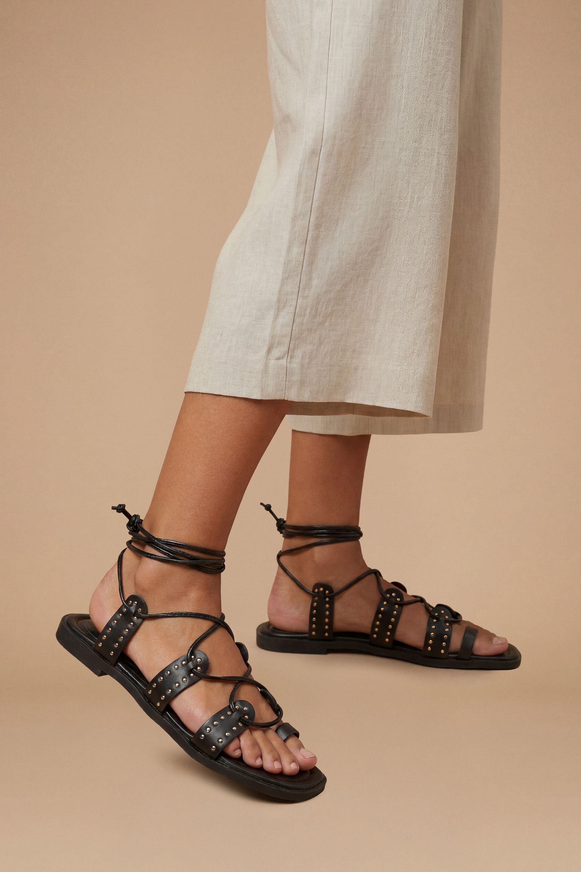 Dorothy Perkins Carla Faux Leather Studded Gillie Wrap Flat Sandals