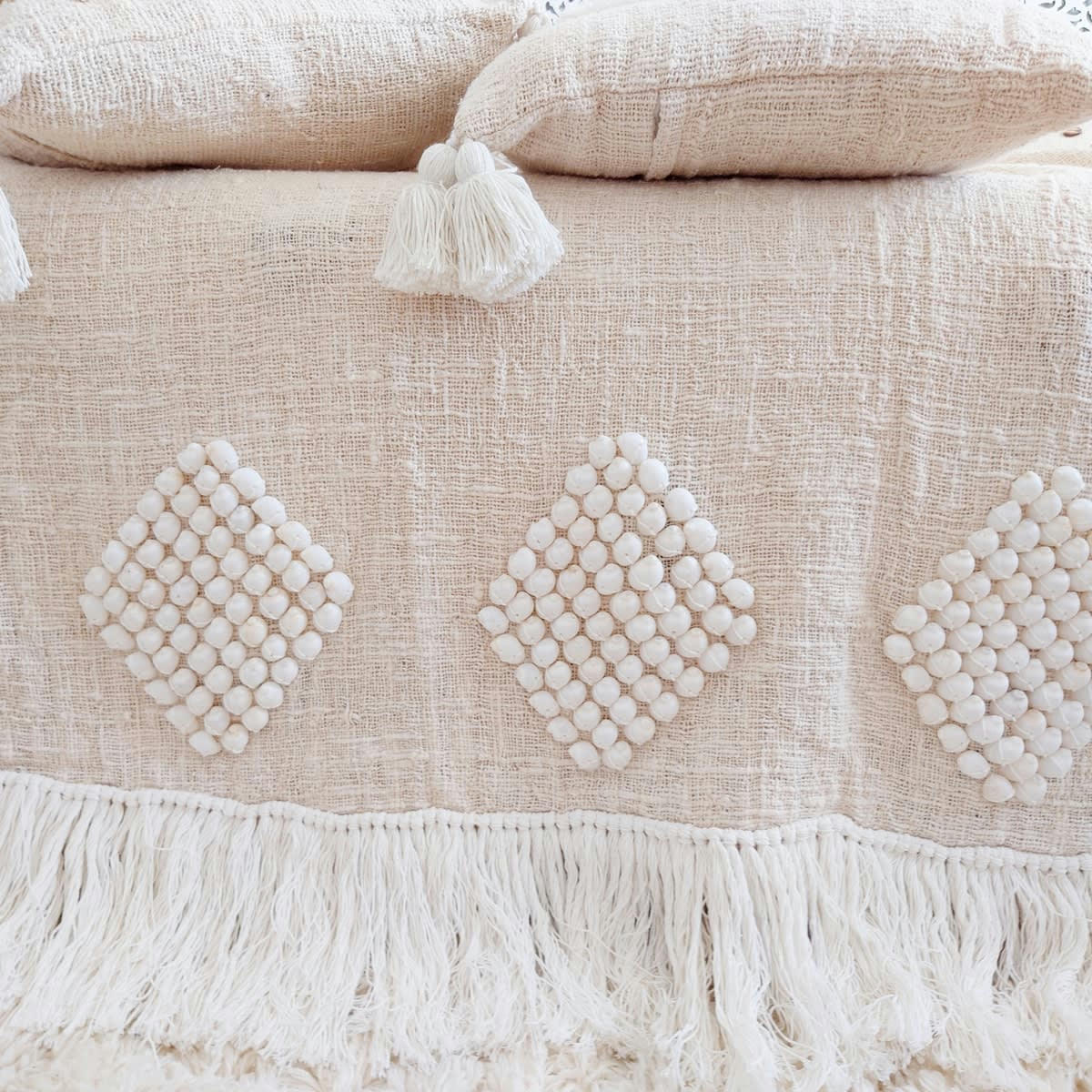 AUSSA - Plaid avec broderie en coquillages, blanc 140x200 cm