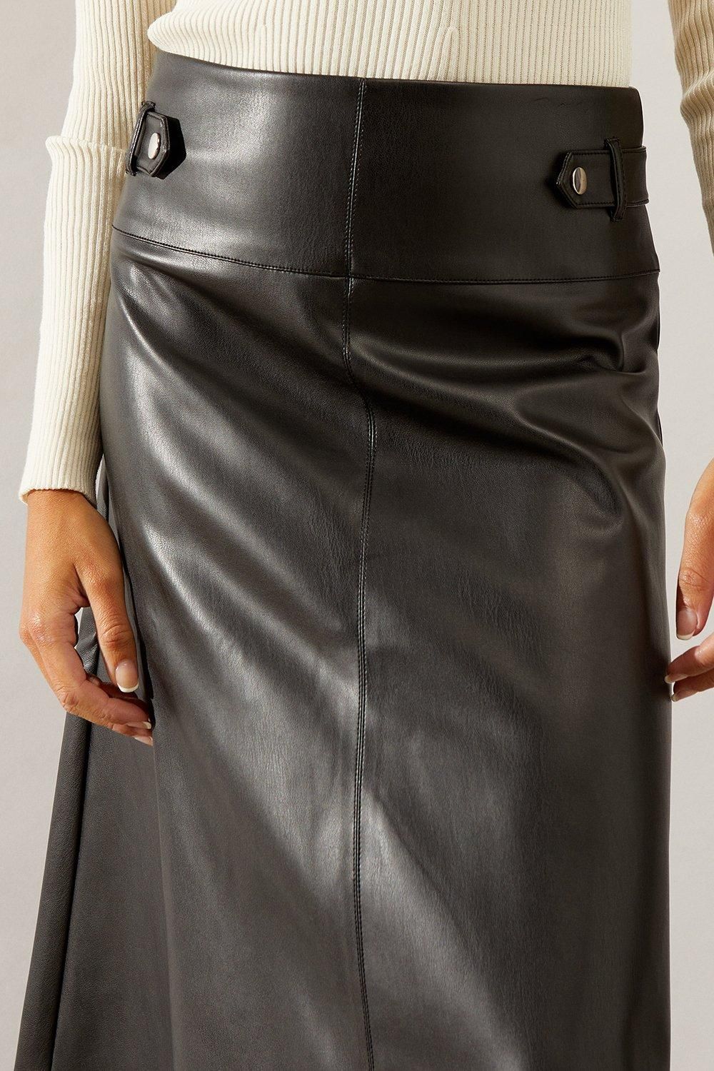 Wallis Black Tab Detail Faux Leather A Line Skirt