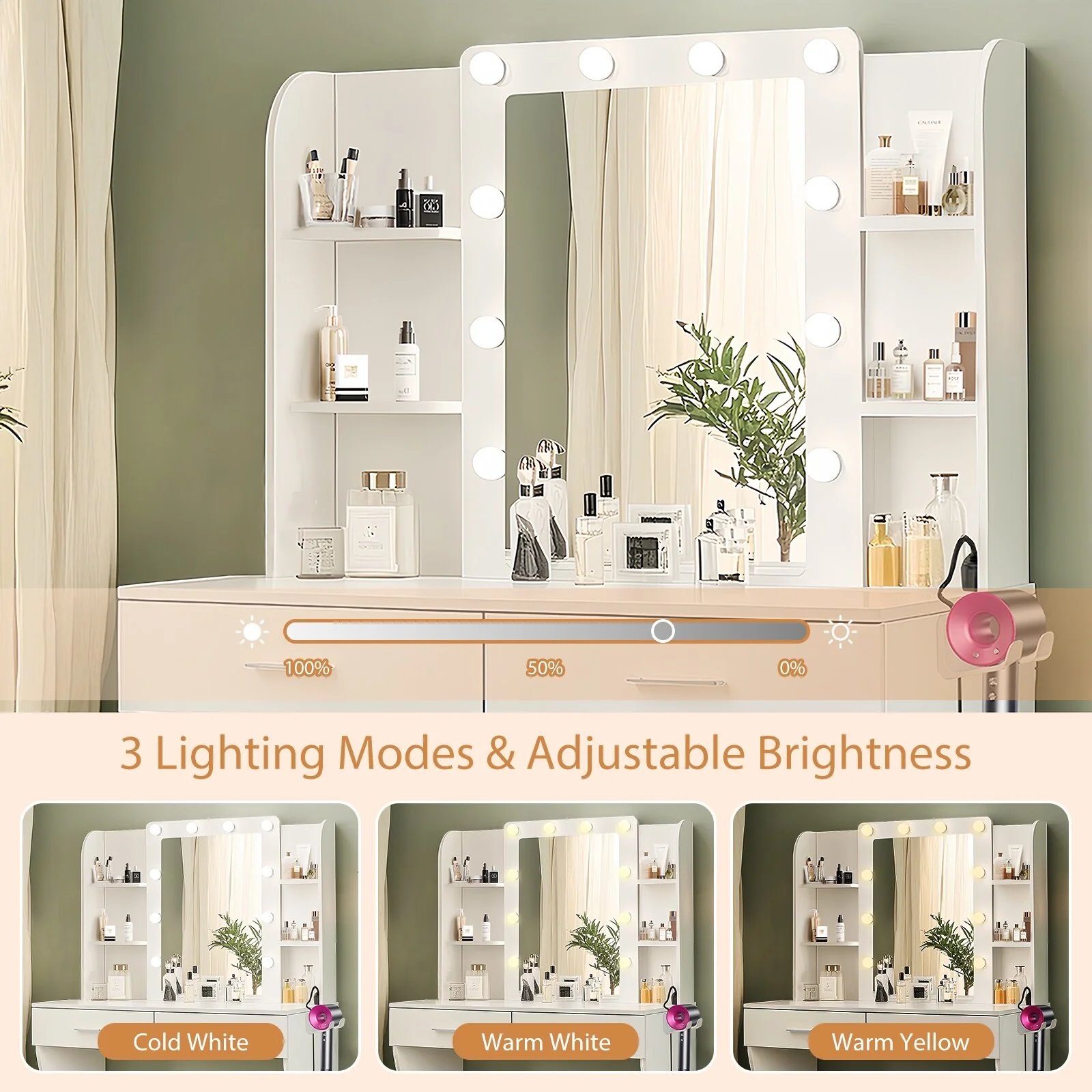 Makeup Vanity with Mirror & Power Outlet, Large Capacity Dressing Table Set, Dressing Table with Stool & 3 Lighting Colors