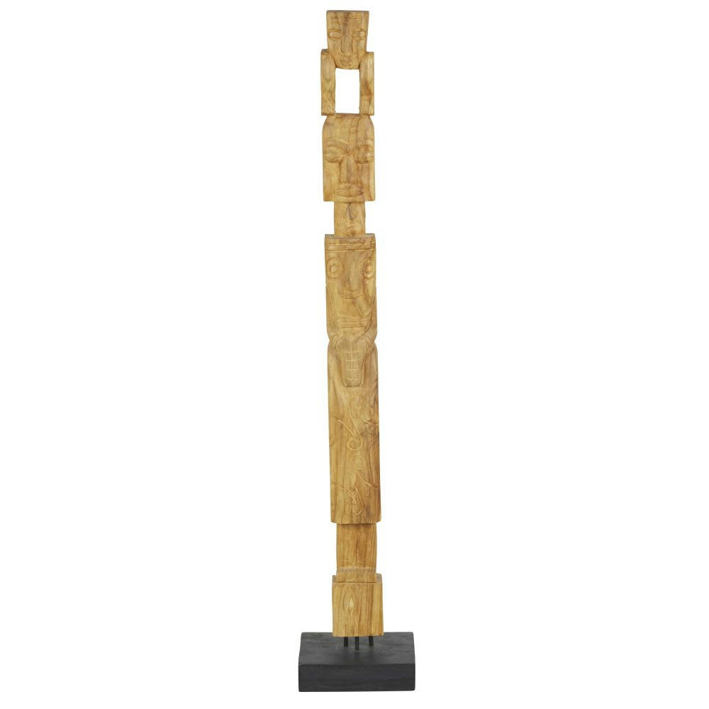 - Statue totem personnages en bois de teck gravé sur base noire H120