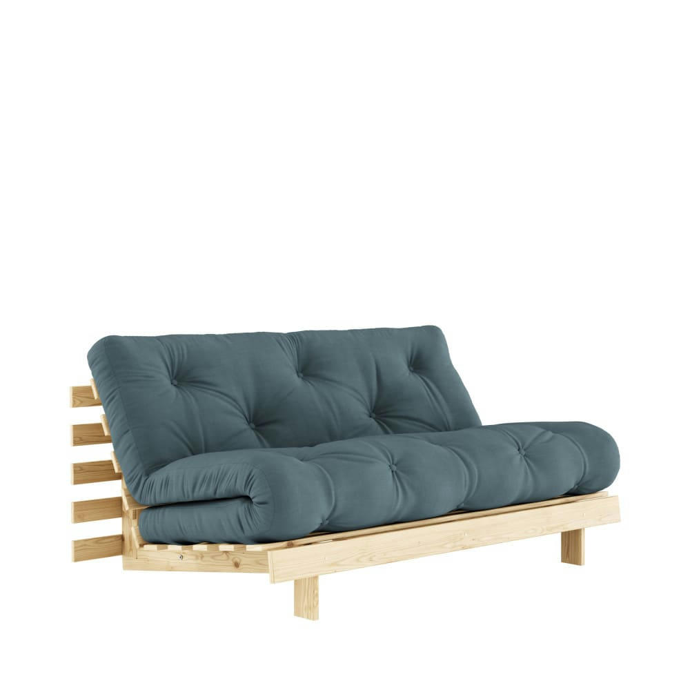 ROOTS - Canapé convertible 2 places 160x200cm en bois et tissu bleu pétrole