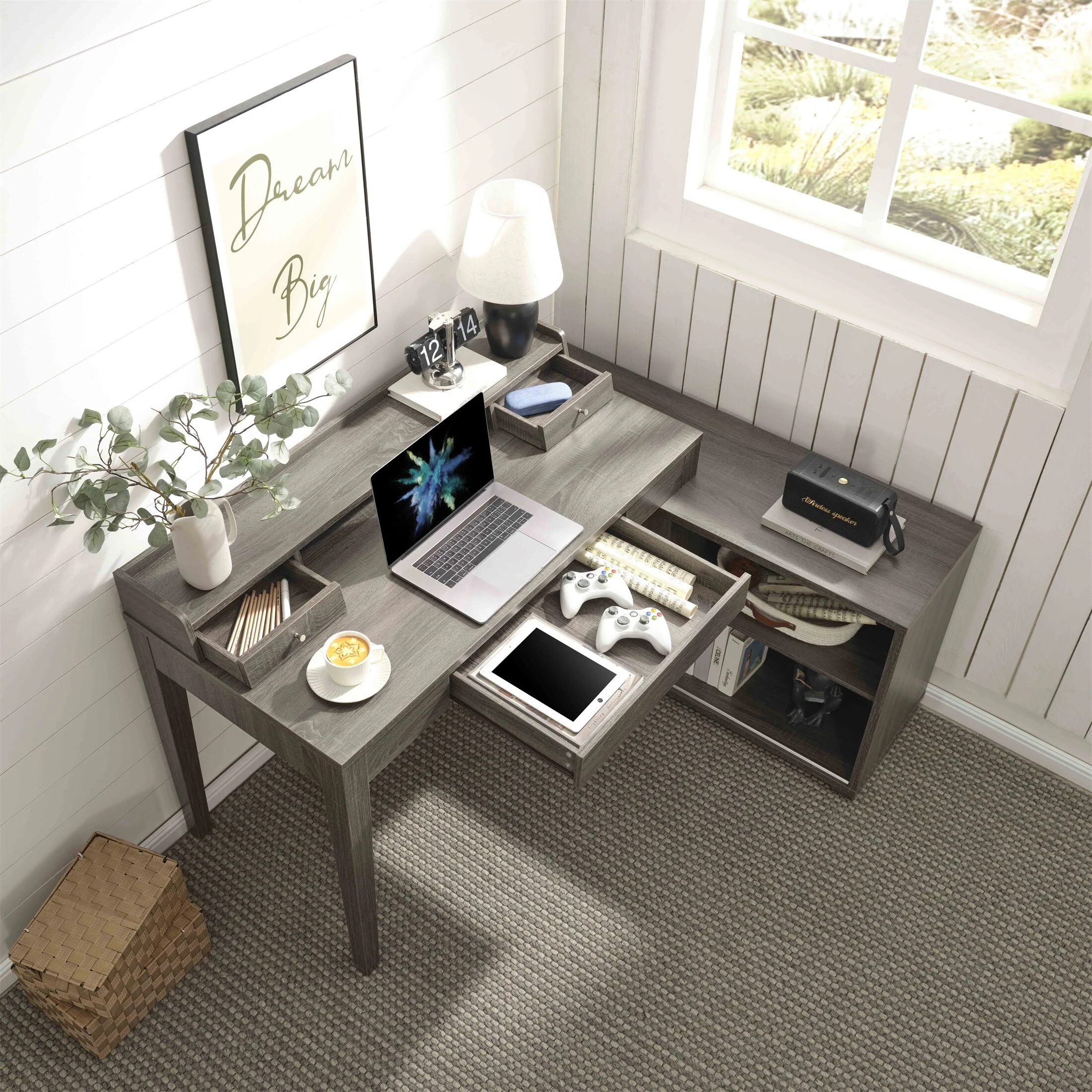Grey L-Shaped Workstation Home Office Desk