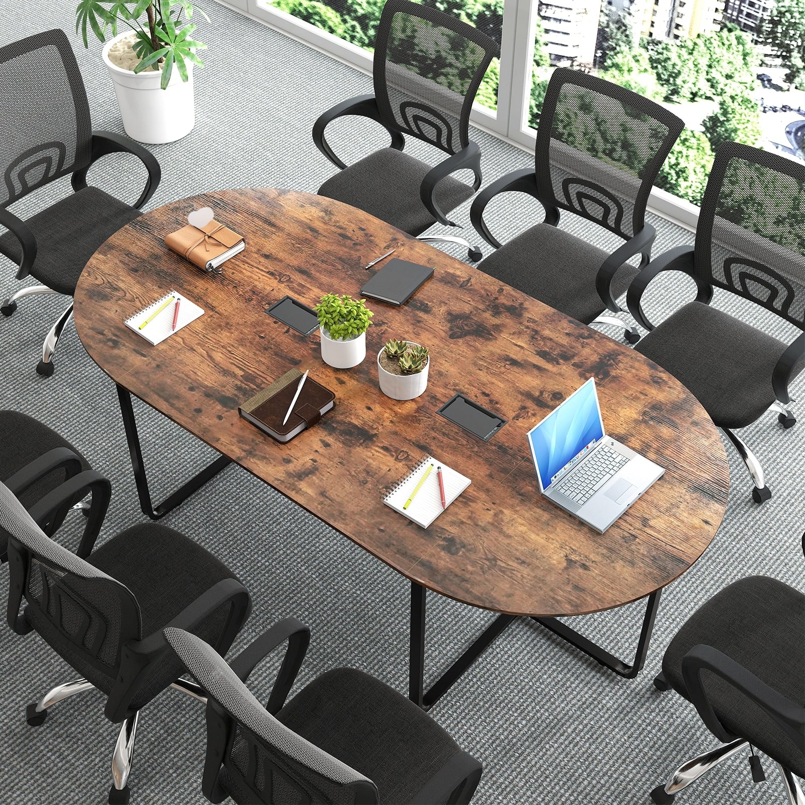 95 Inch Oval Conference Table with Dual Cable Holes and Metal Legs