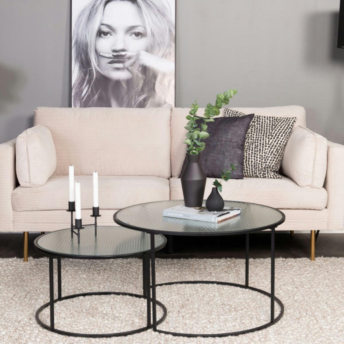 RAFFO - Canapé 3 places en velours côtelé beige