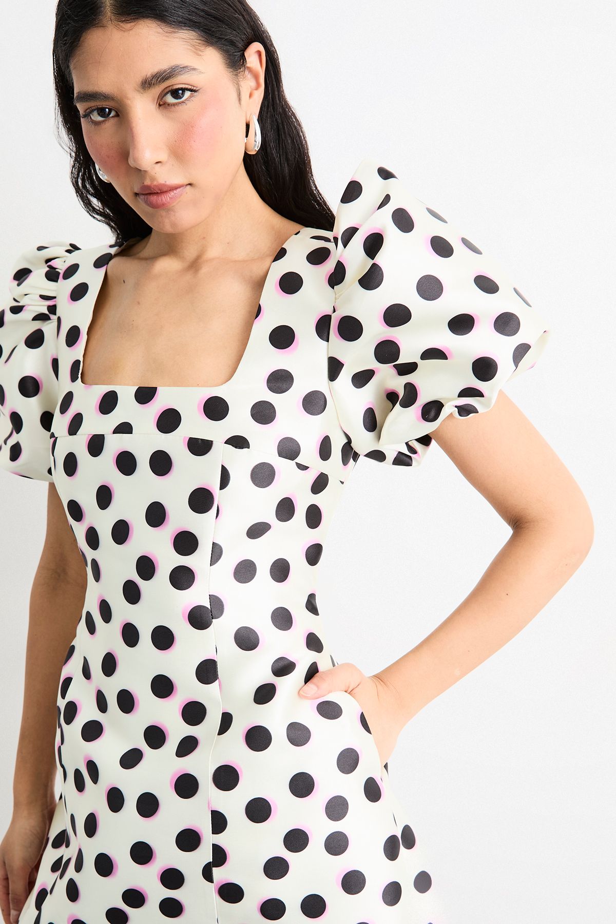 Warehouse Polka Dot Puff Sleeve A-Line Mini Dress