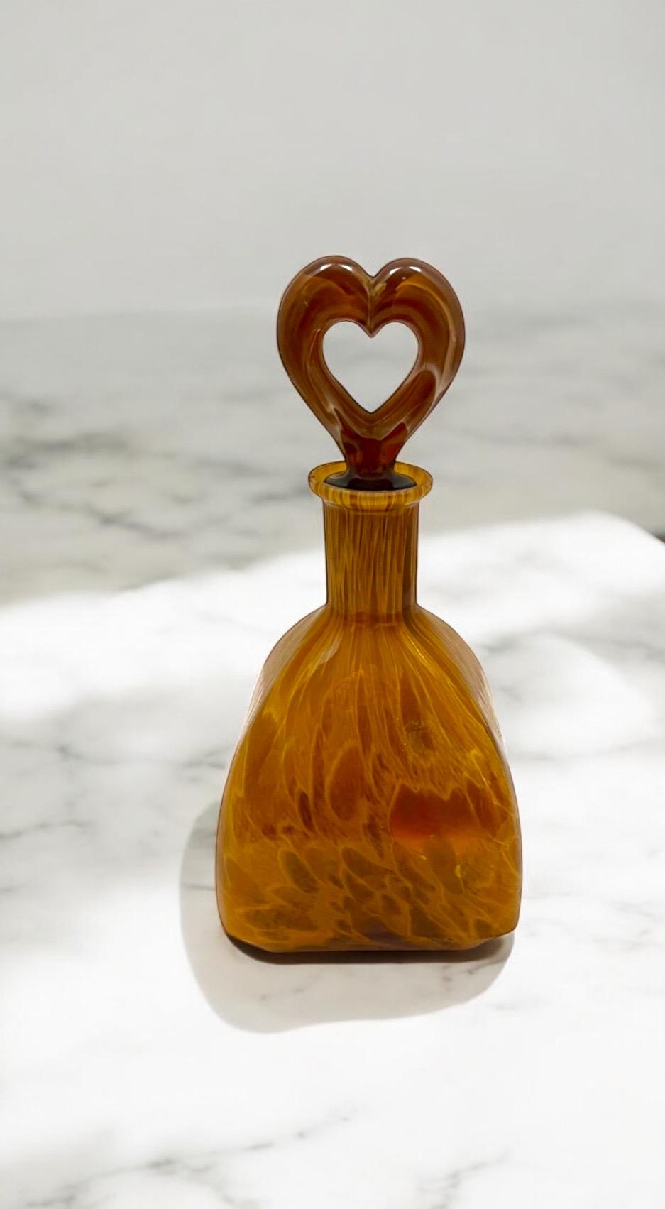 Honey gold Blown Glass Decanter: Venetian Heart Stopper Bottle, Made in Italy