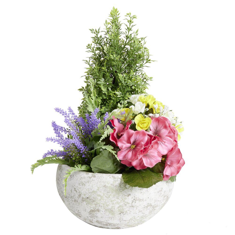 Vasque fleurs artificielles buis/boutons de roses/lys/pensées/bruyère Ø35xH36cm