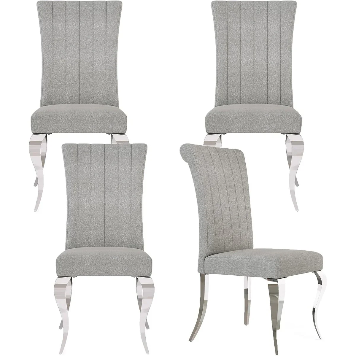 Luxurious Grey Upholstered Dining Chairs with Mirrored Silver Cabriole Legs