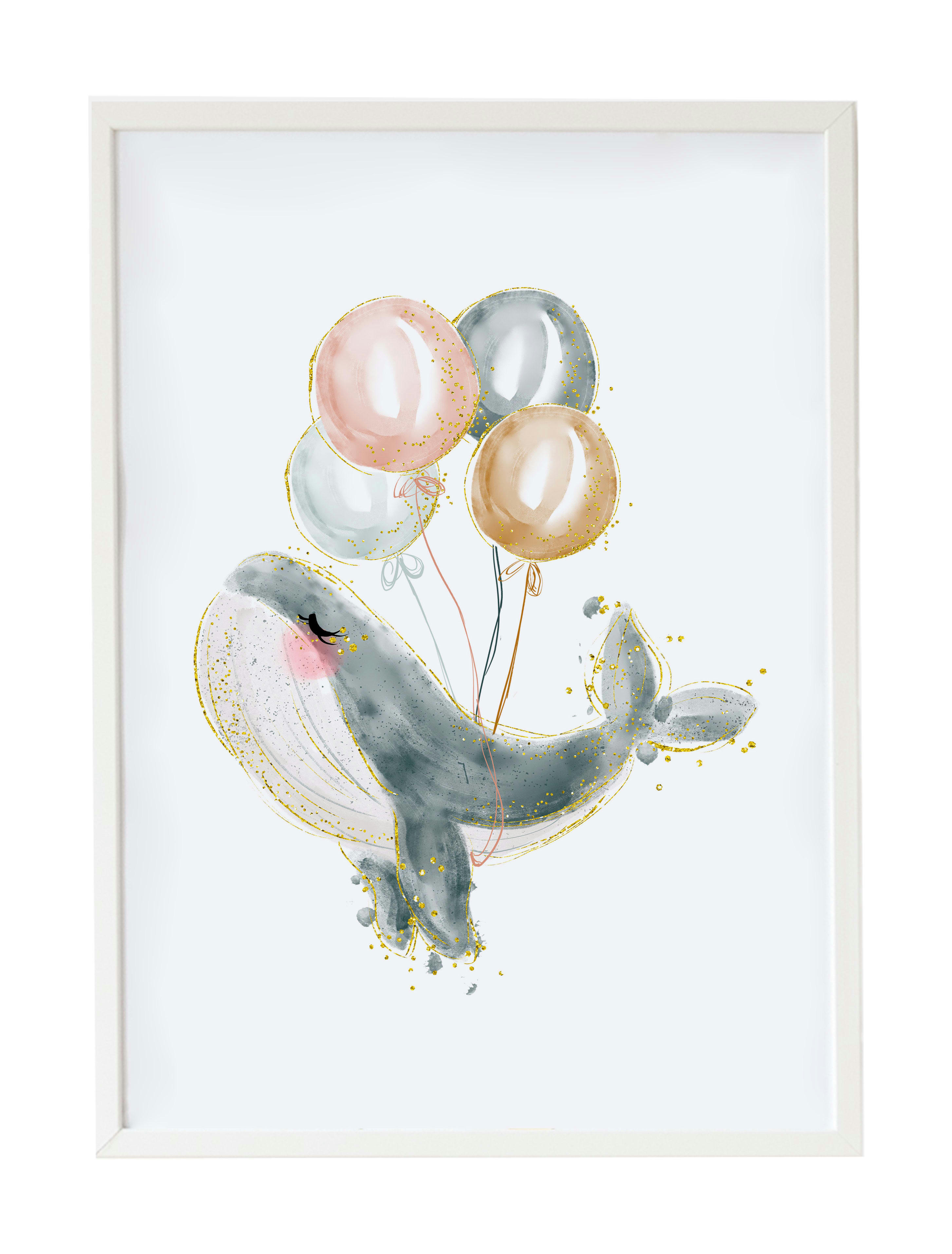 DECOWALL - Impression de Baleine gris ballon encadrée en bois blanc 43X33 cm