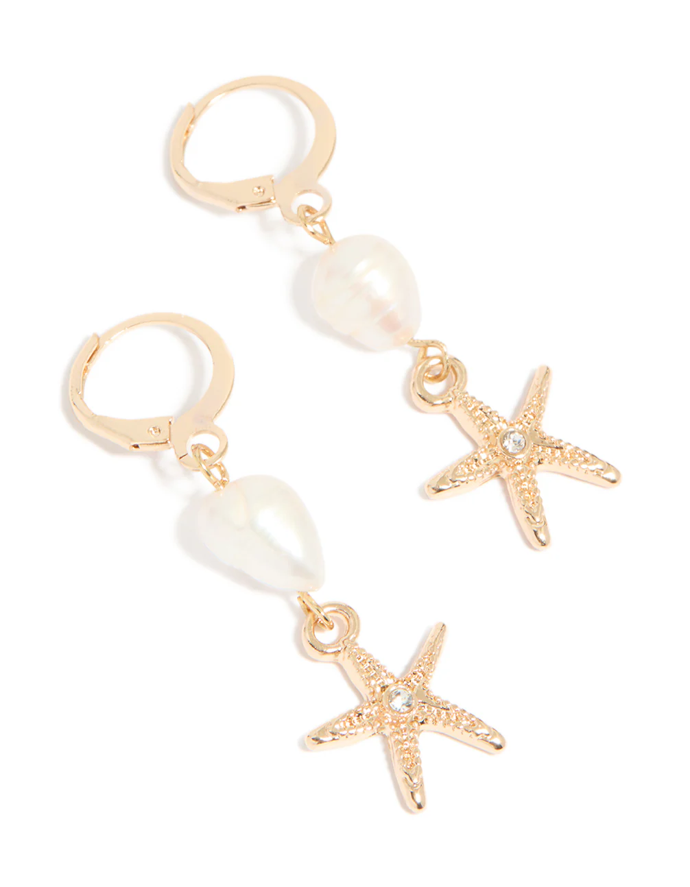 Gold Pearl Starfish Huggie Drop Earrings