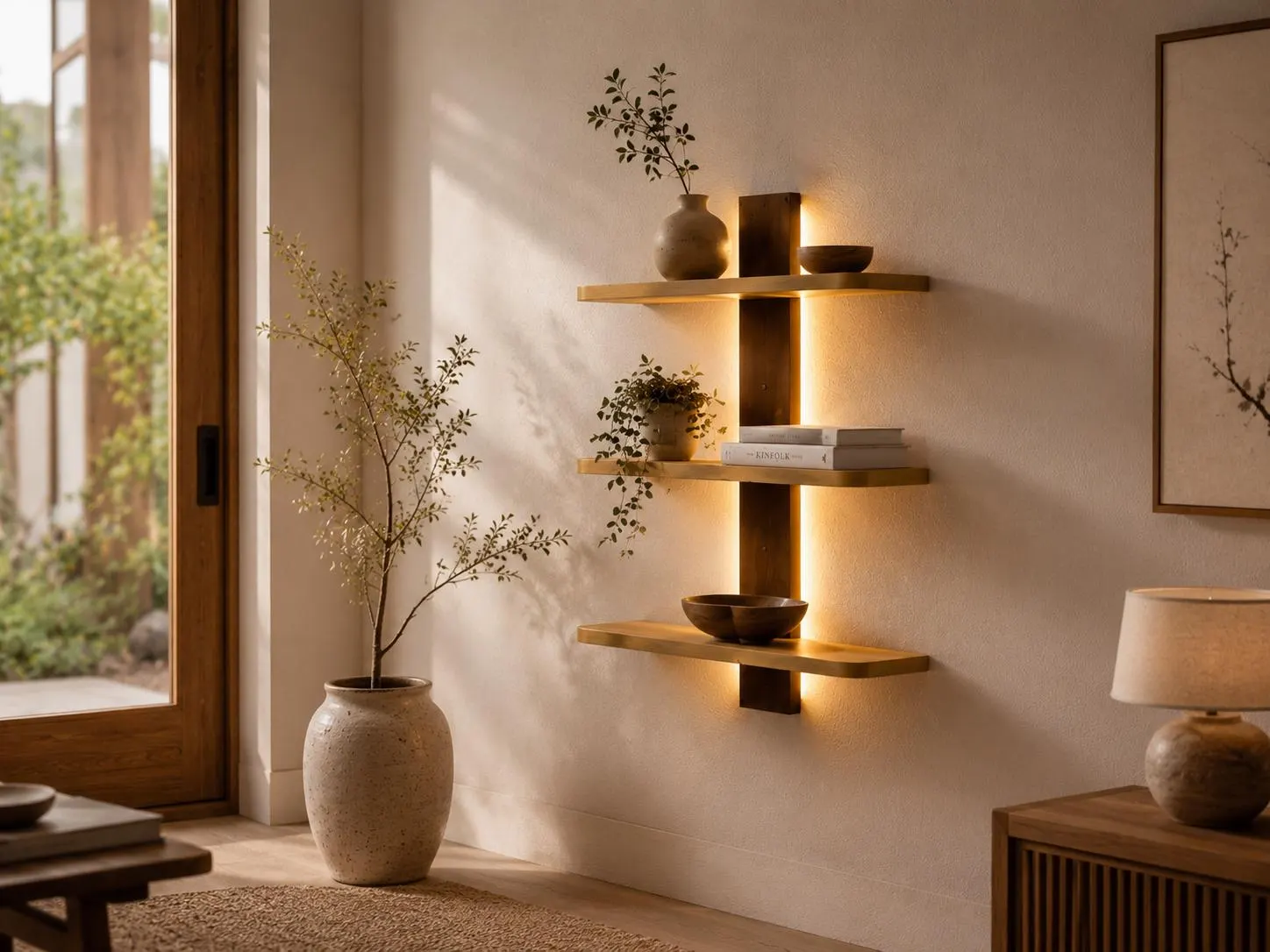 Backlit Wooden Wall Shelf, 3 Tier LED Display, Modern Minimalist Decor (Warm Light)
