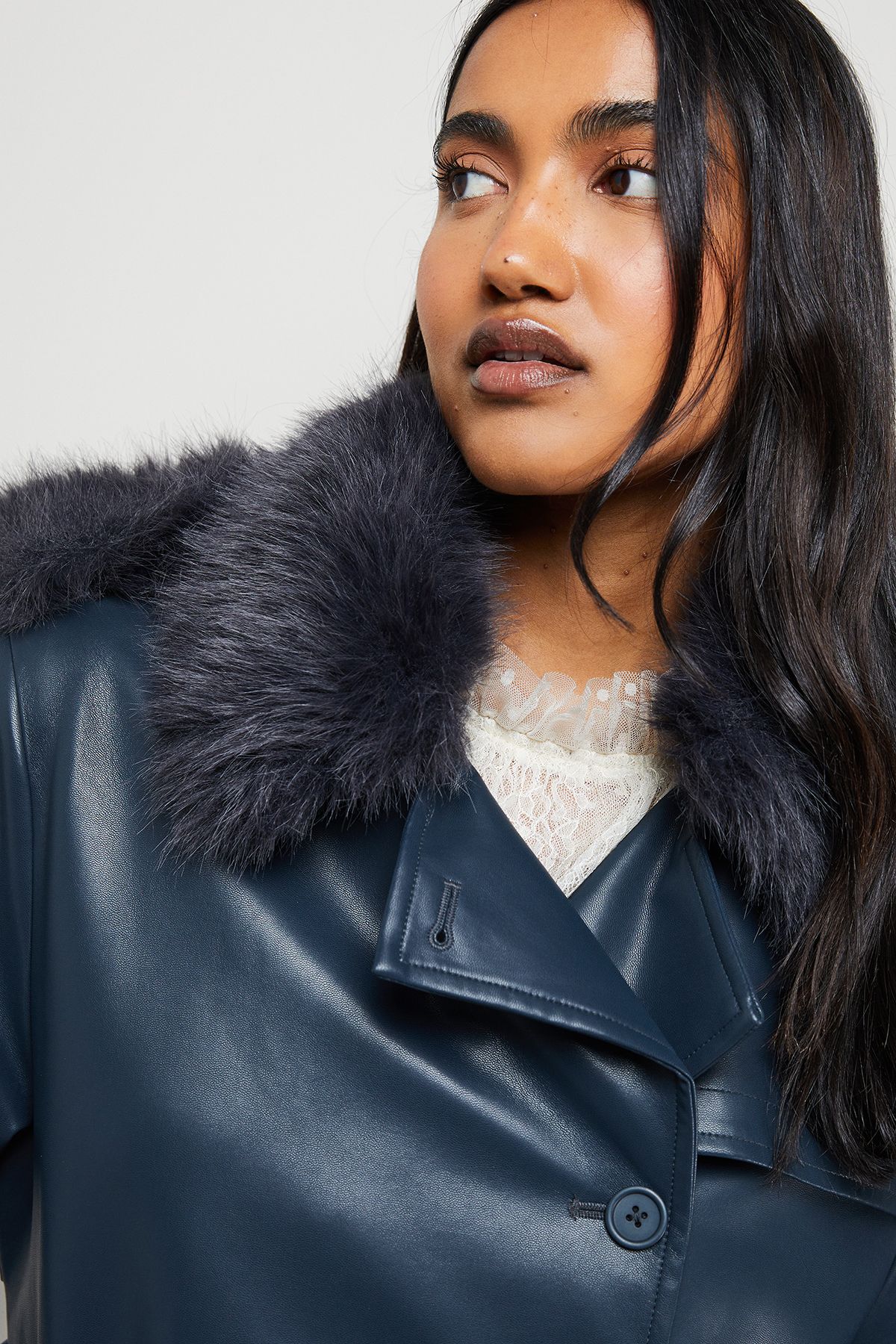 Warehouse PU Belted Faux Fur Collar Trench Coat