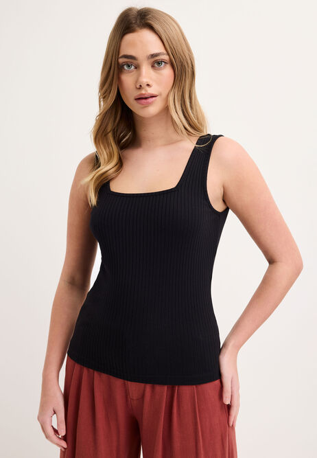 Womens Black Ribbed Square Neckline Vest Top