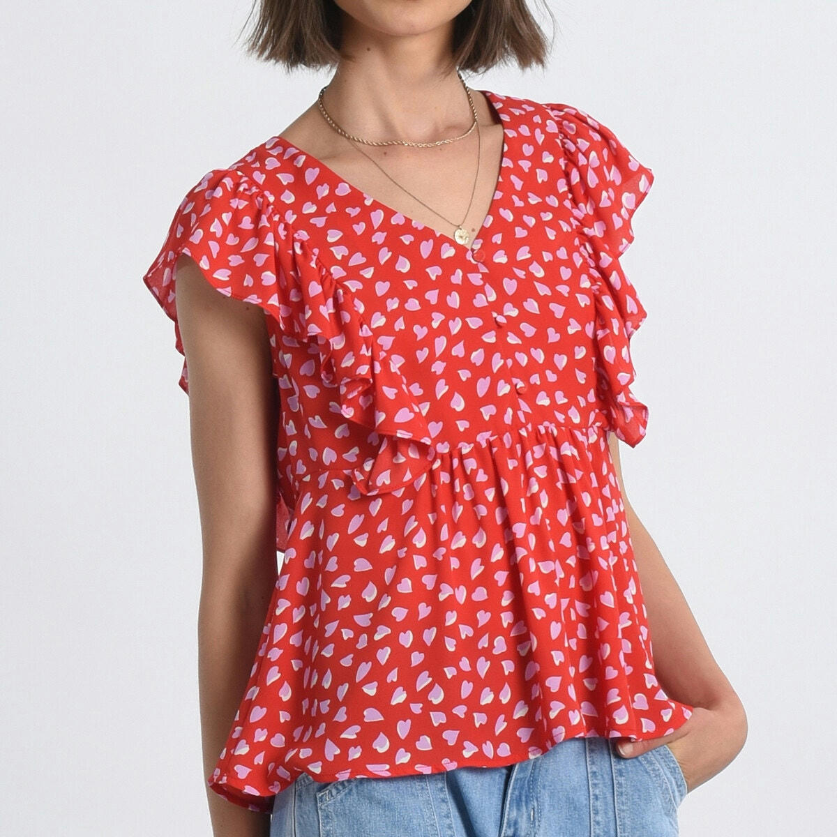 Blouse imprimé cœur, manches courtes volantées