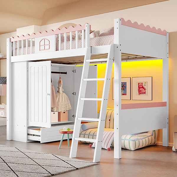 Lit superposé 90x200 cm avec armoire, tiroir de rangement et LED, échelle intégrée, pin/MDF, chambre enfant