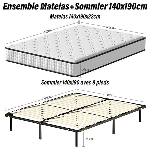 Ensemble Matelas en mousse   Sommier à Lattes 160x200cm, Epaisseur du Matelas 22cm