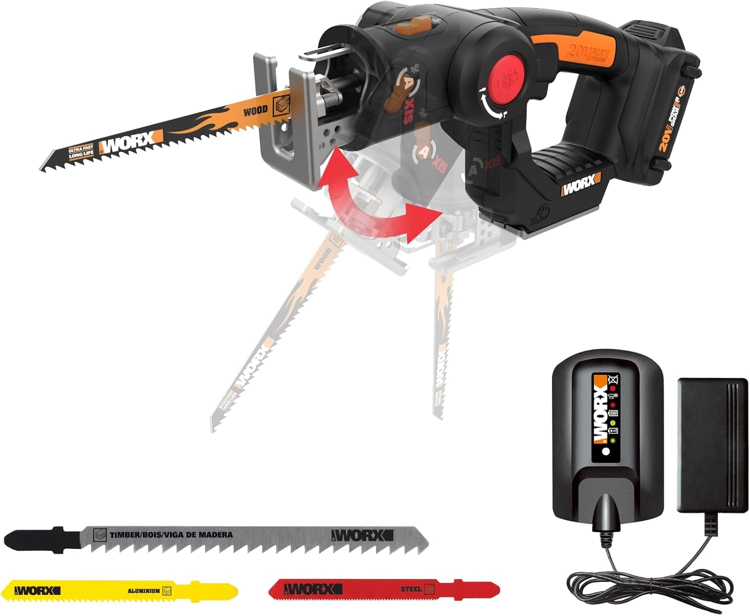 WORX Cordless Reciprocating Saw&Jigsaw, 20V ¾ 2-in-1 Saw, ¾ Stroke Length, 2-in-1 functions, 4 Blades for Different Materials, Compact&Lightweight Design, Battery and Charger Included, PowerShare