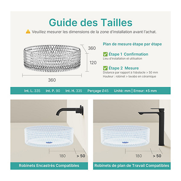 EMKE Vasque à Poser Ronde, 360 x 360 x 112 mm, Lavabo en Verre Transparent, Design Montage sur Comptoir