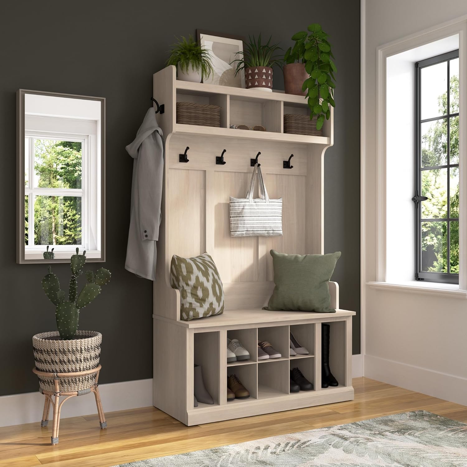 Bush Home Woodland 40W Hall Tree and Shoe Storage Bench with Shelves in White Washed Maple, Cubbies and Coat Hooks for Foyer, Mudroom or Entryway