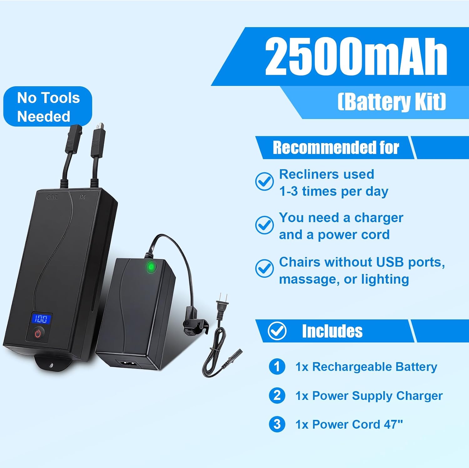 Universal Battery Pack for Reclining Furniture with LED Display- Wireless 2500mAh Rechargeable Battery for Electric Recliner, Power Sofa, Couch, Lift Chair- Fits 2-Pin Motion Furniture (with Charger)