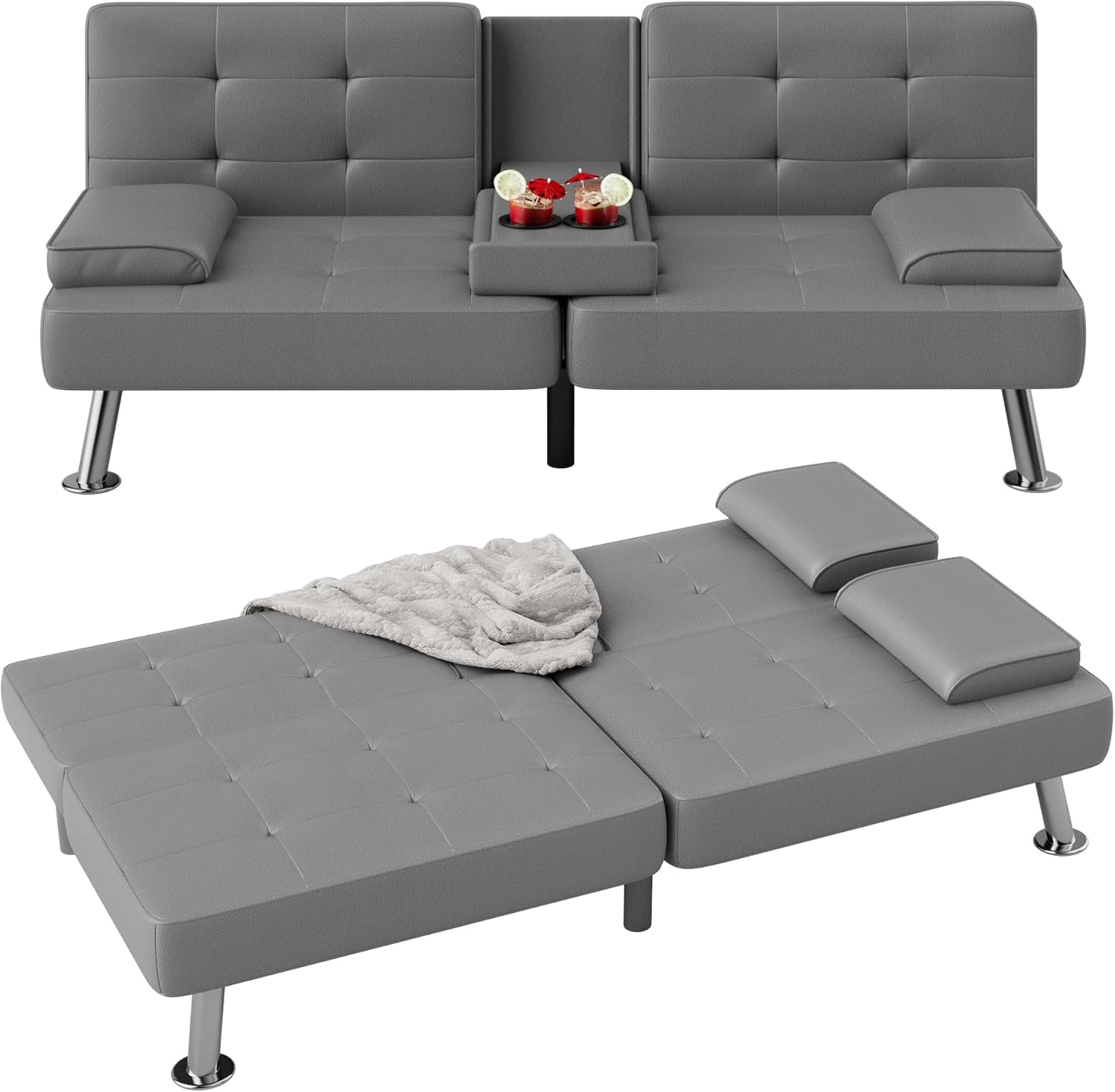 Flamaker Futon Sofa Bed Modern Folding Futon Set PU Leather Convertible Recliner Lounge for Living Room with 2 Cup Holders, Removable Armrests (PU Leather, Dark Grey)