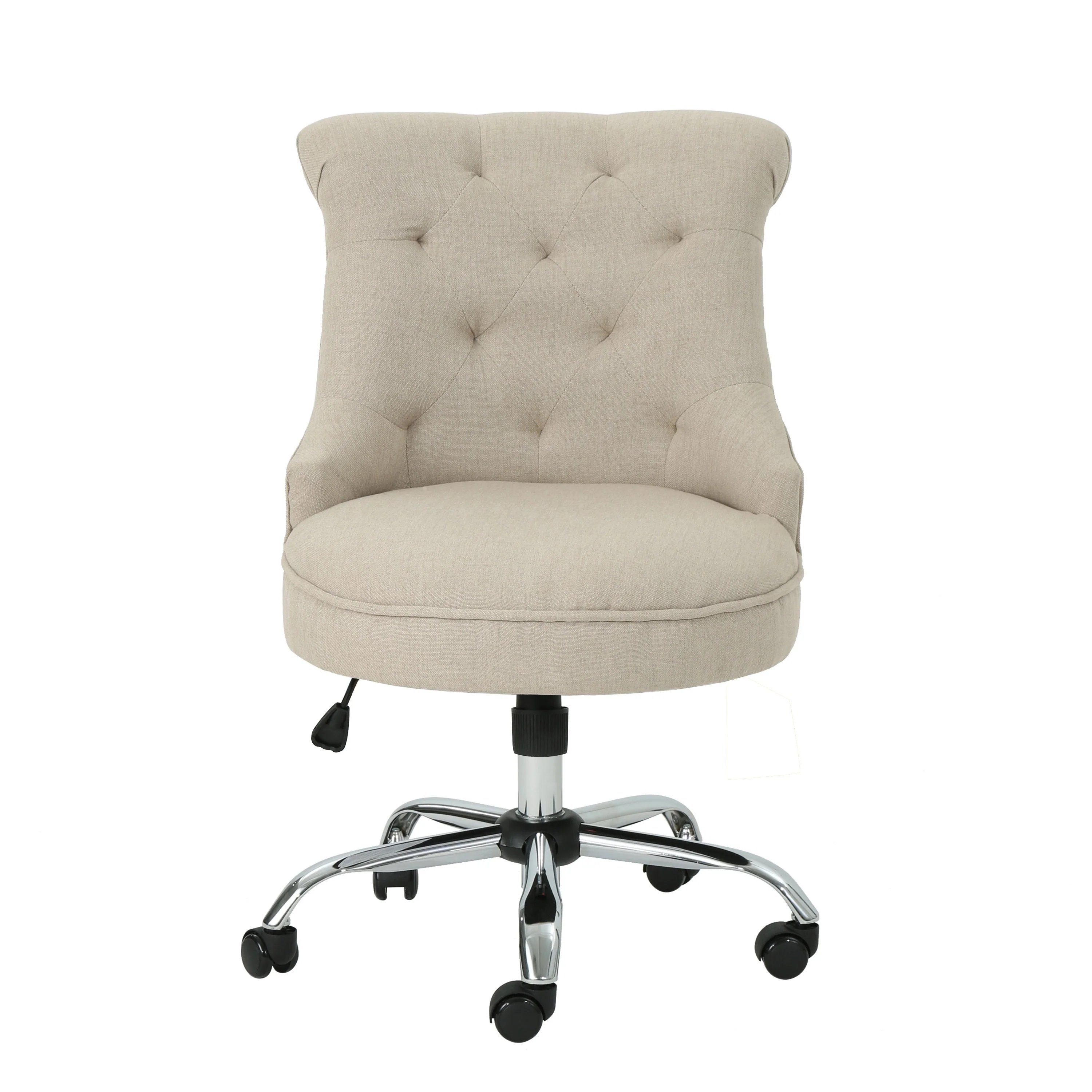 Rashi Swivel Office Chair, Beige Fabric, Tufted Back, Wheels, Chrome