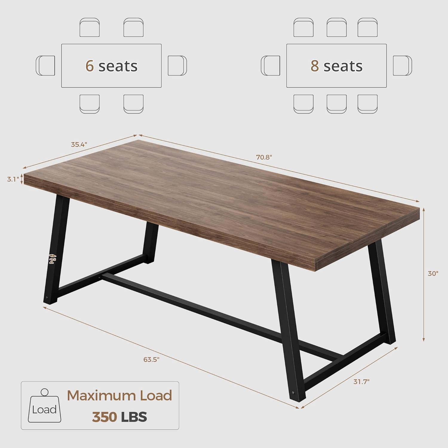 IRONCK 71 Dining Table for 6-8 People, Industrial Kitchen Table with Sturdy Metal Frame, Rectangular Brown Wood Dinner Table for Dining Room