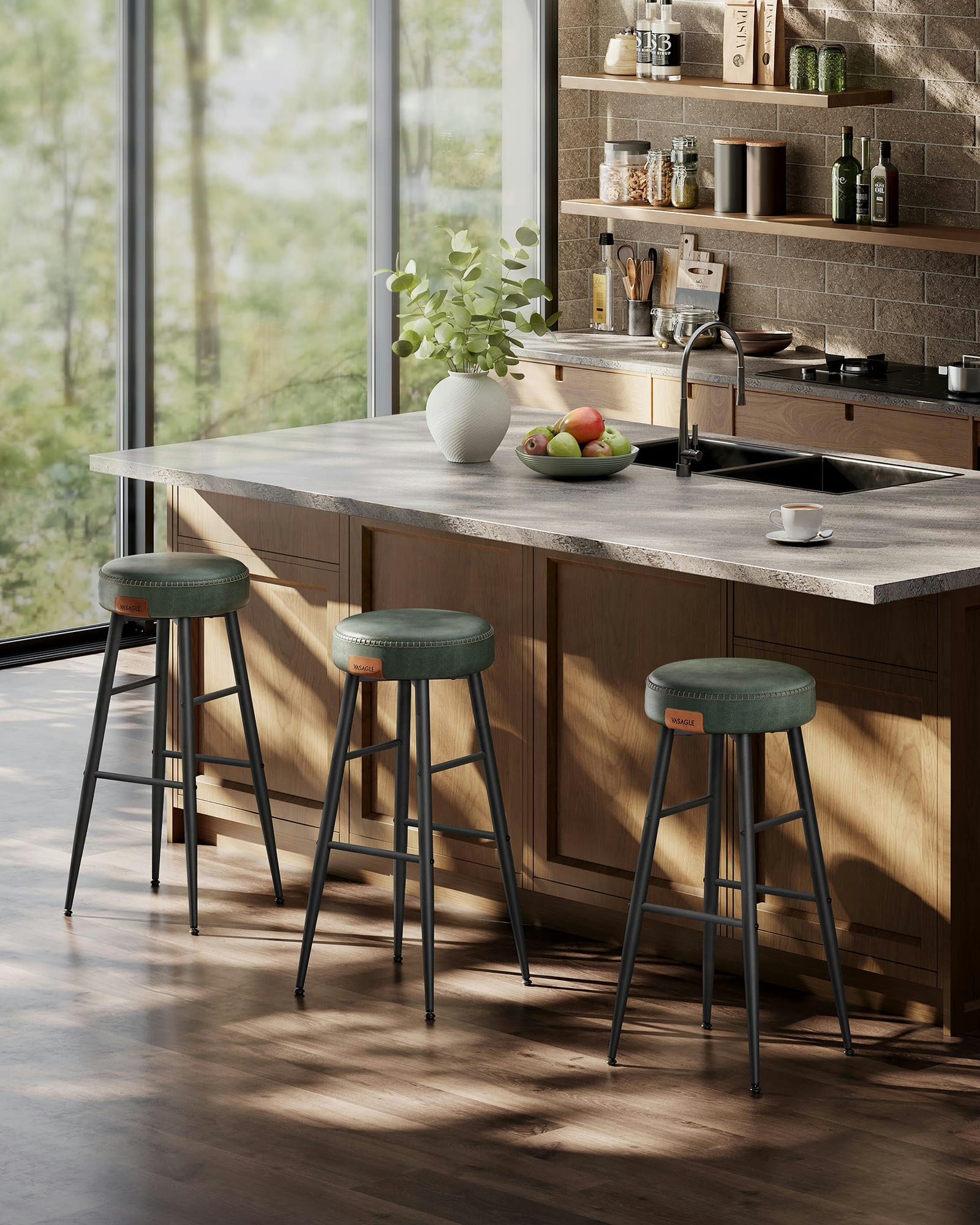 - Tabourets de bar en acier et PU avec coutures vert forêt