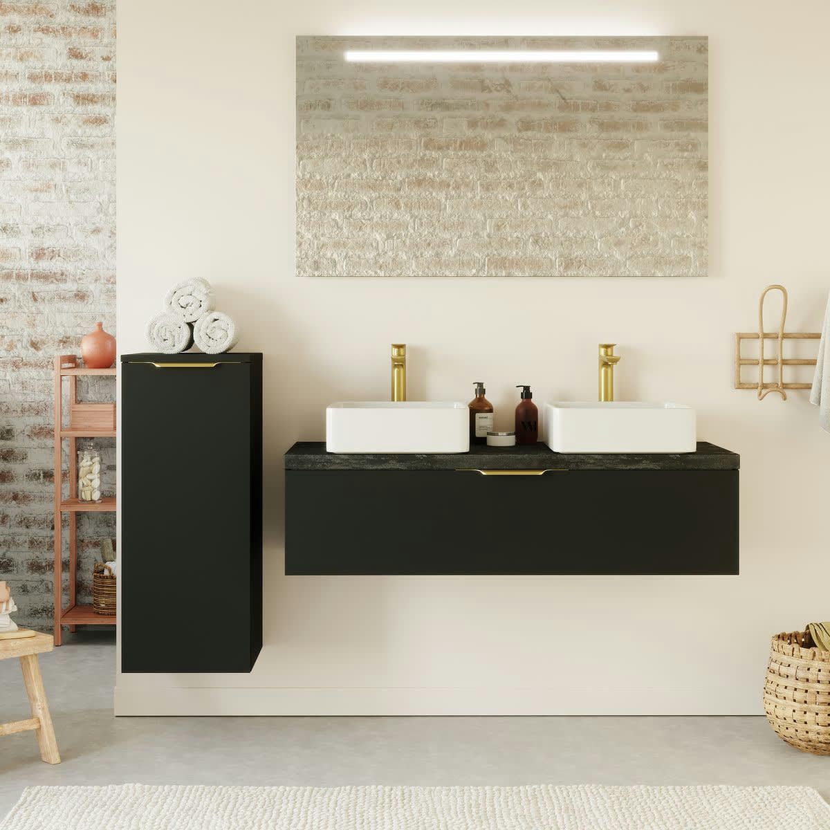 VENICE - Meuble salle de bain 2 vasques posées 120cm 1 tiroir Noir
