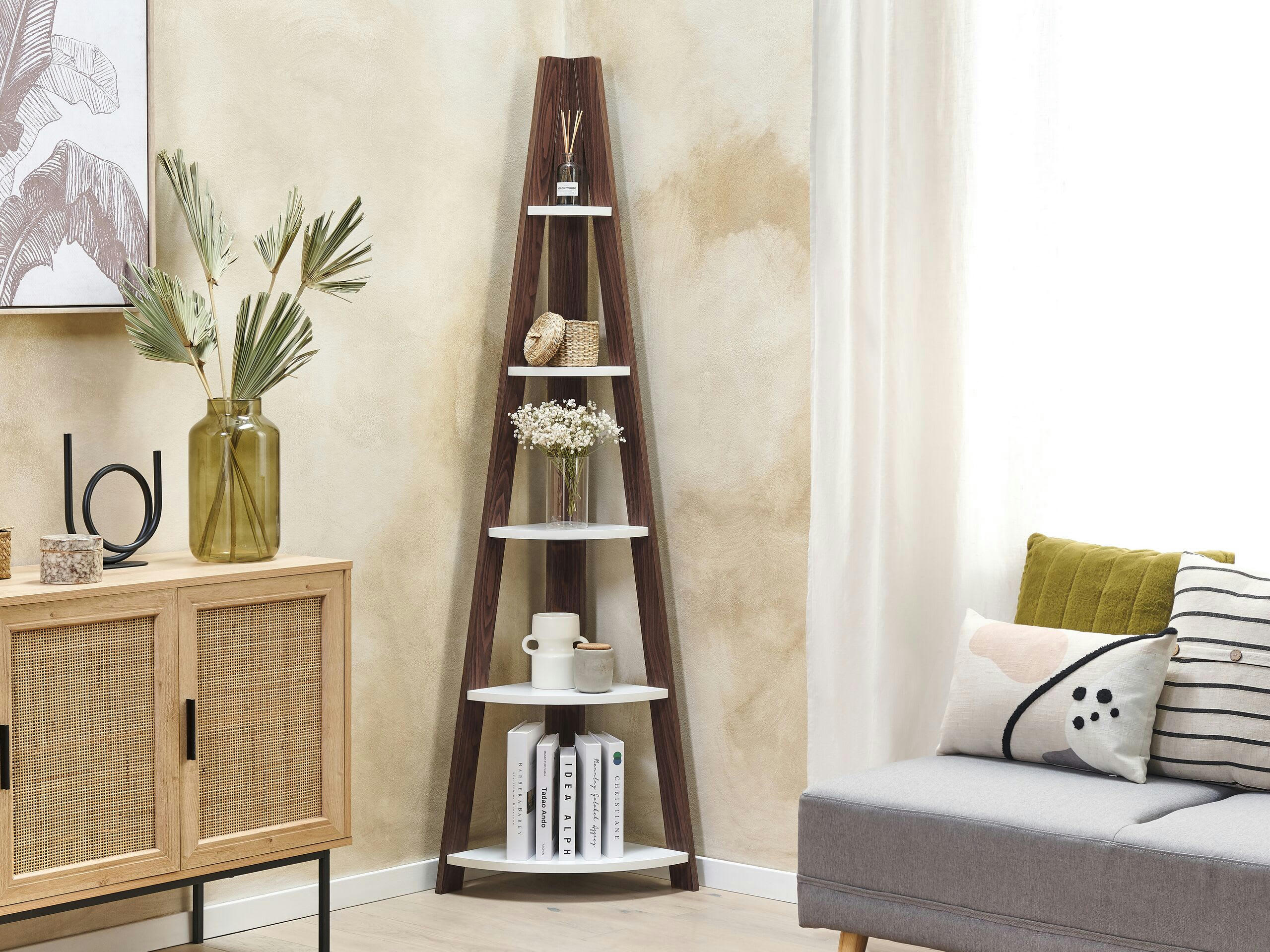 MOBILE SOLO - Étagère d'angle 5 niveaux bois foncé et blanc