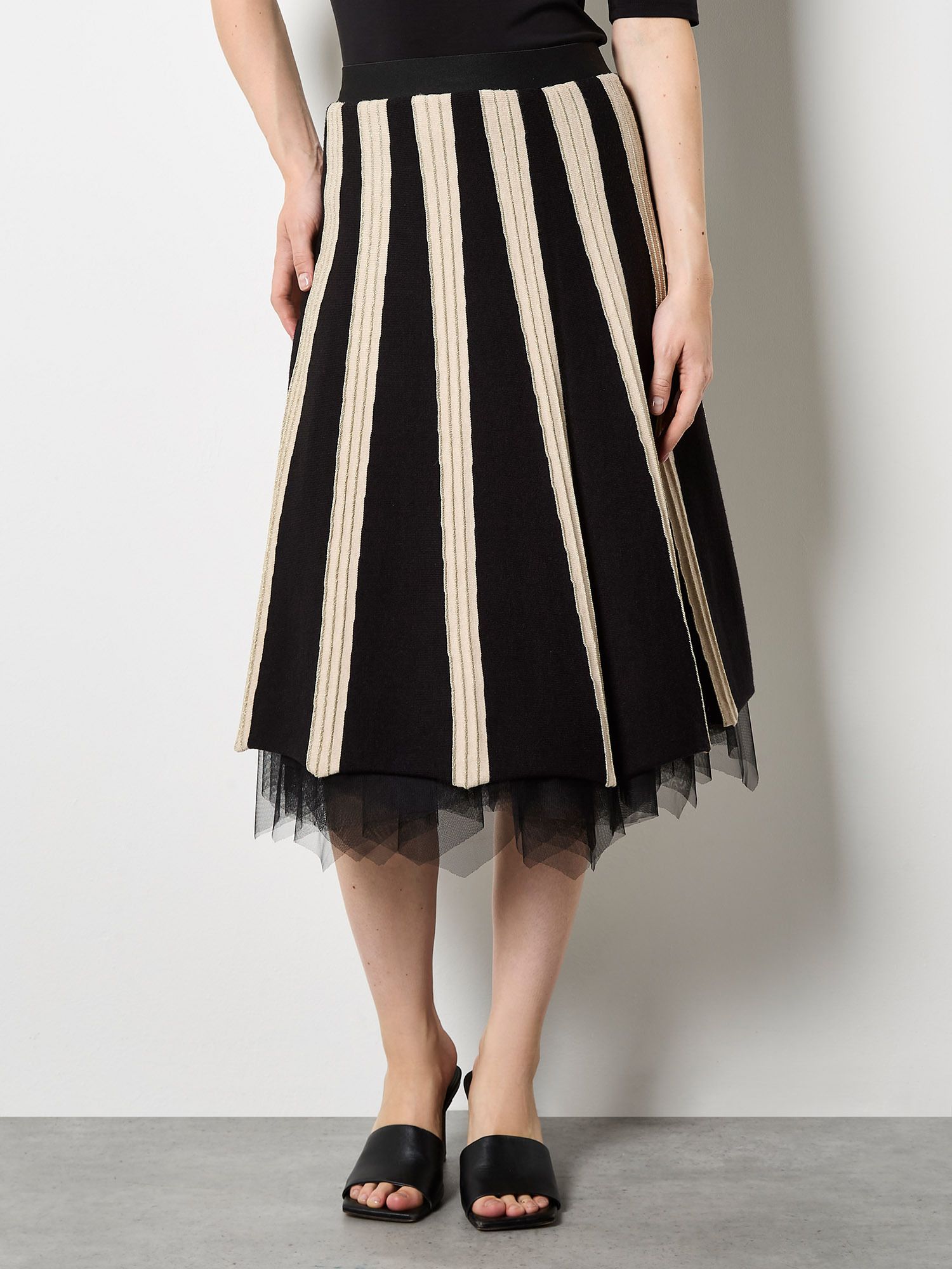 Apricot Reversible Tulle Stripe Knit Midi Skirt