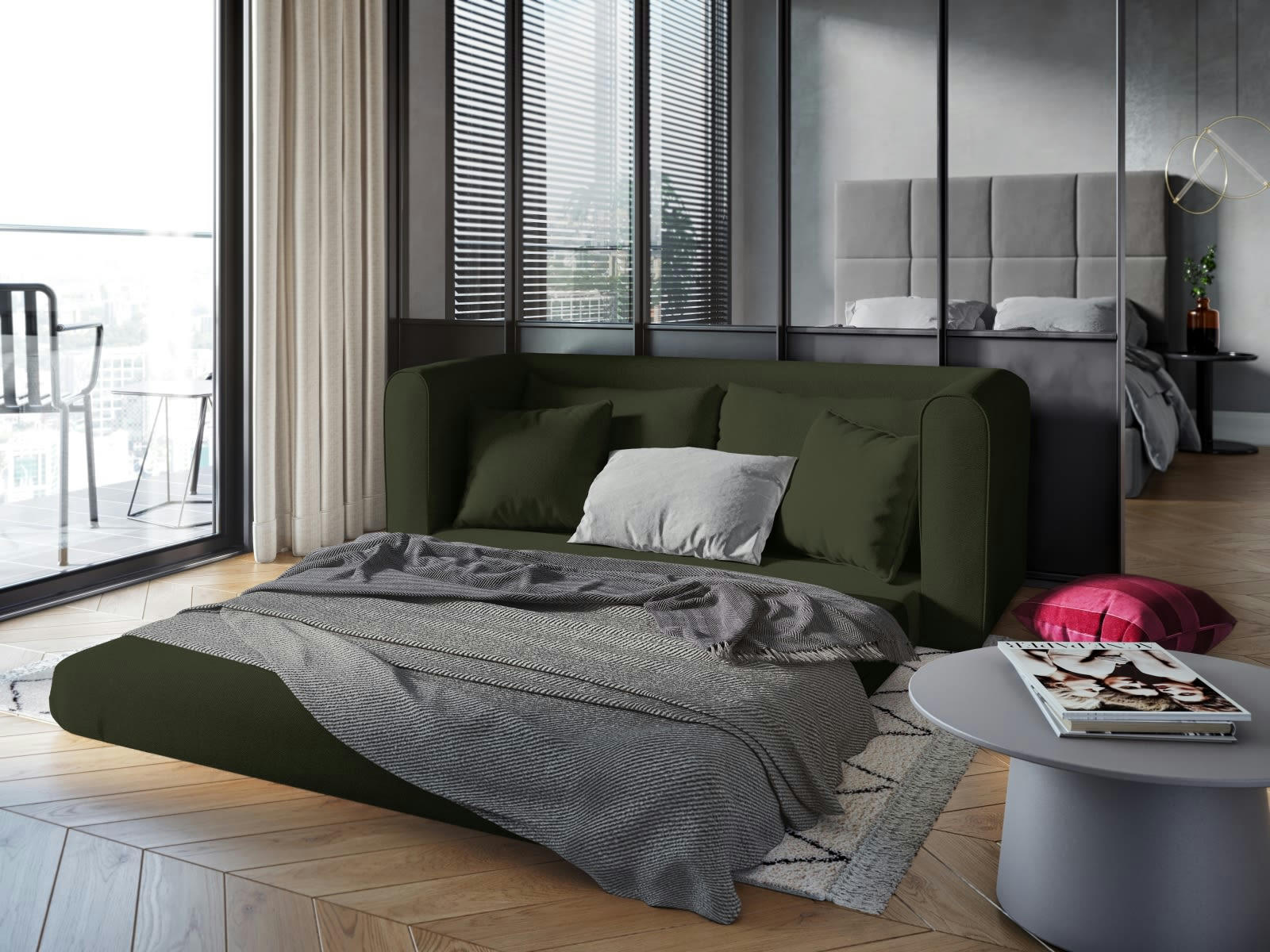 LIDO - Canapé convertible 2 places en tissu structuré vert