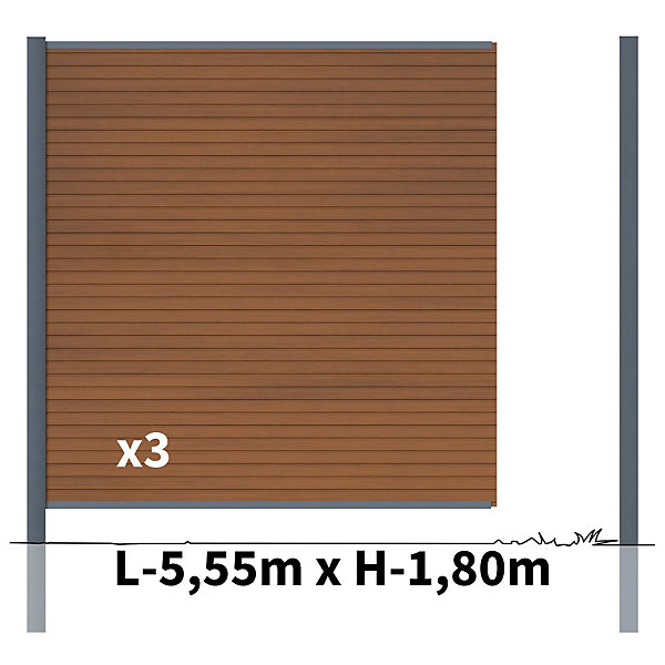Kit Clôture Bois Composite Teck 5,5x1,8m SANTOS - Poteaux en Aluminium Gris - Brise Vue - Palissade