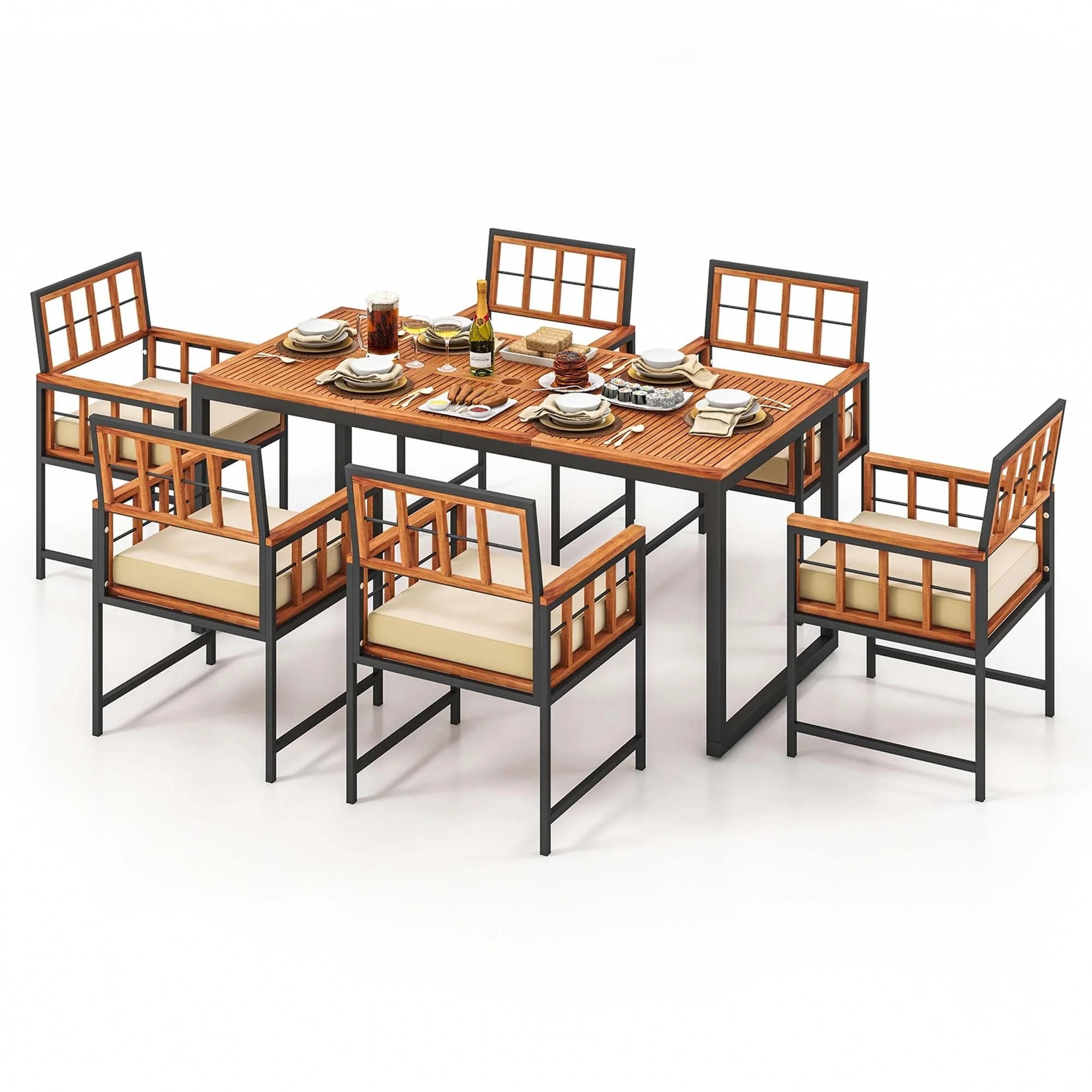 Costway 7 PCS Patio Dining Set Outdoor Acacia Wood Table with Soft - See Details