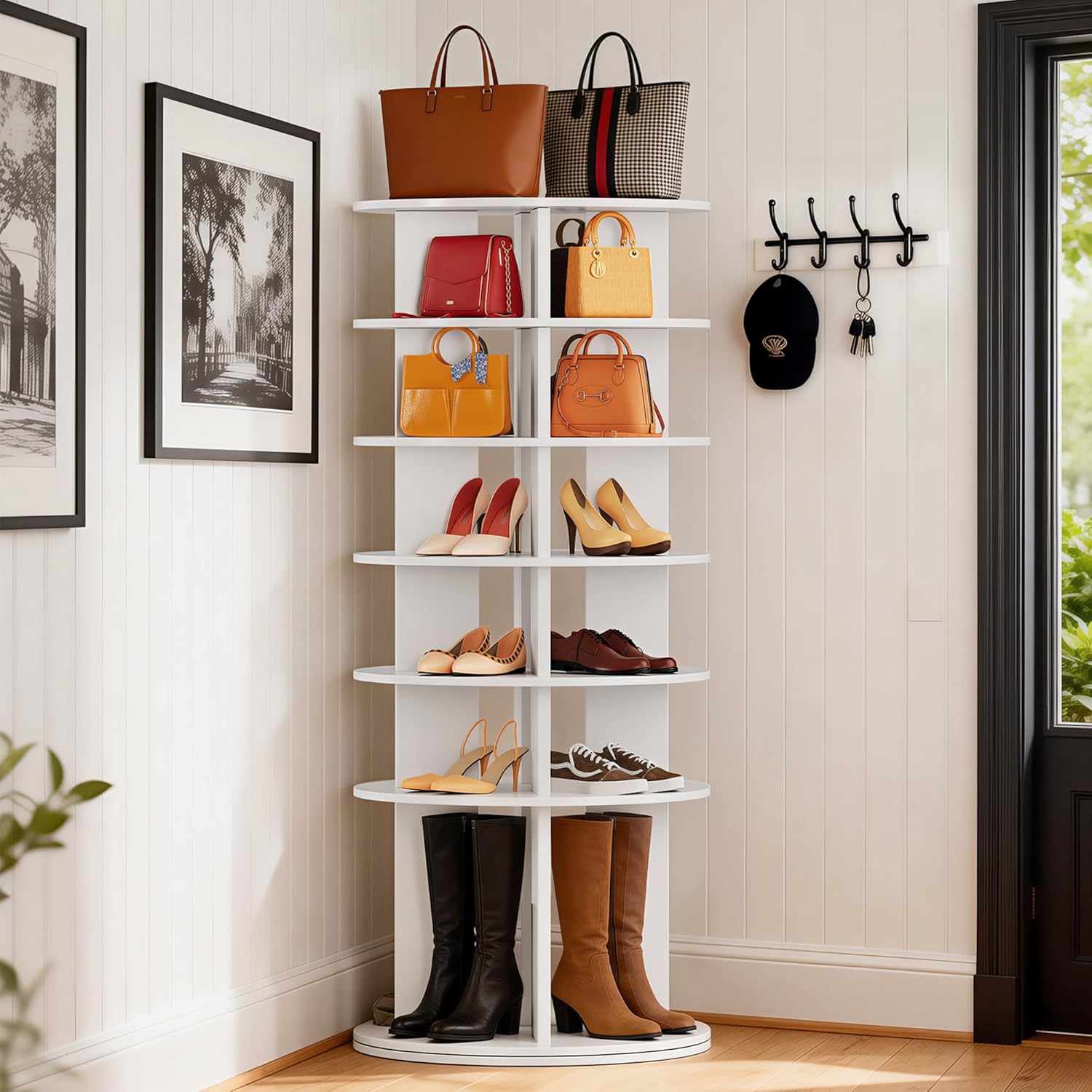 JUMMICO Rotating Shoe Rack Tower, 6-Tier Vertical Closet Storage Organizer for Shoes, Handbags & Tall Boots, 360° Spinning Lazy Susan Base, Space-Saving for Bedroom & Closet (White)