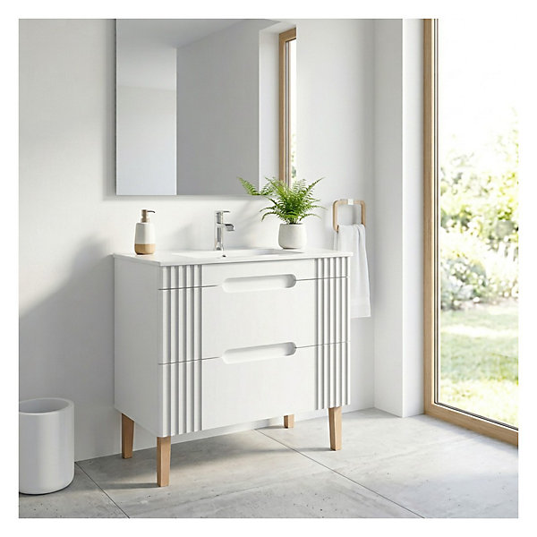 Ensemble de salle de bain FIDJI : meuble sous vasque 80cm et vasque à encastrer blanche et siphon et pieds