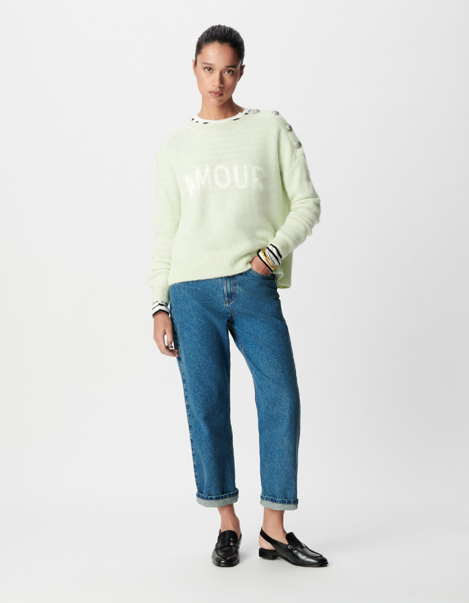 Pull alpaga mélangé vert à message Femme