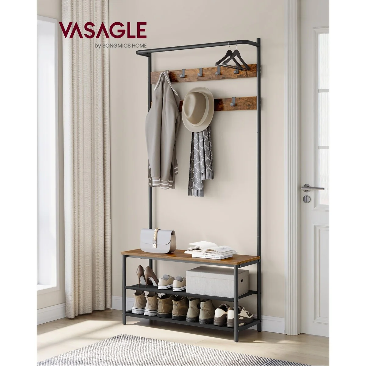 Hall Tree with Bench & Shoe Storage, Entryway Bench with Coat Rack Stand and Shoe Rack, 9 Movable Hooks, Top Bar, Fabric Shelves