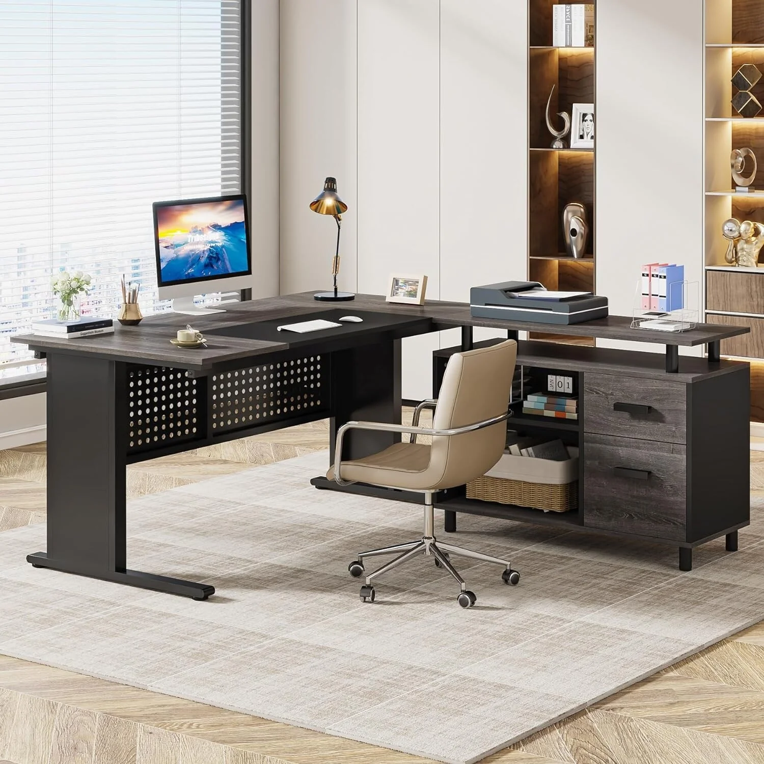 63 Inch Executive Desk with File Cabinet, Large Office Desk L Shaped Computer Desk