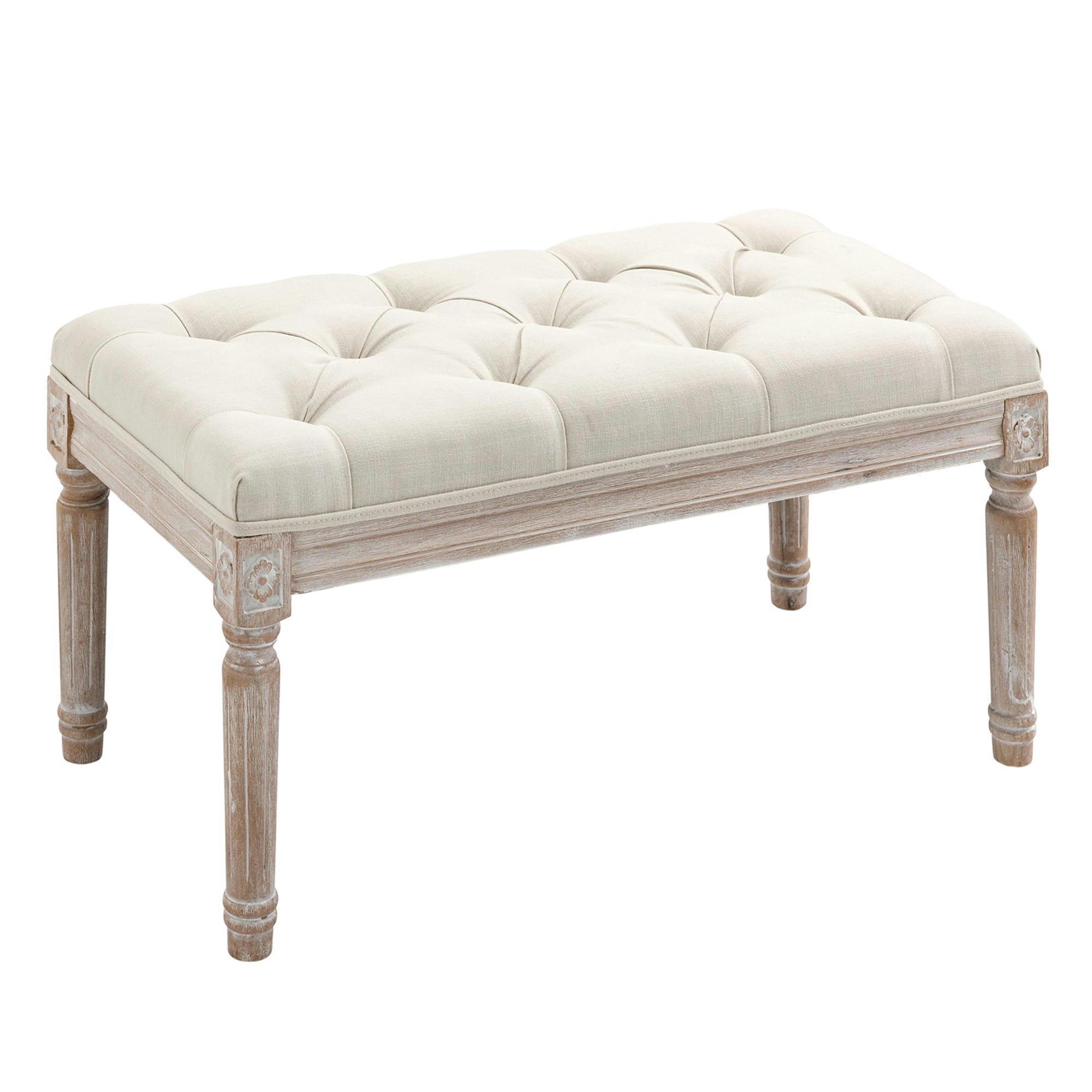 - Tabouret repose-pied capitonné style classique bois aspect lin beige
