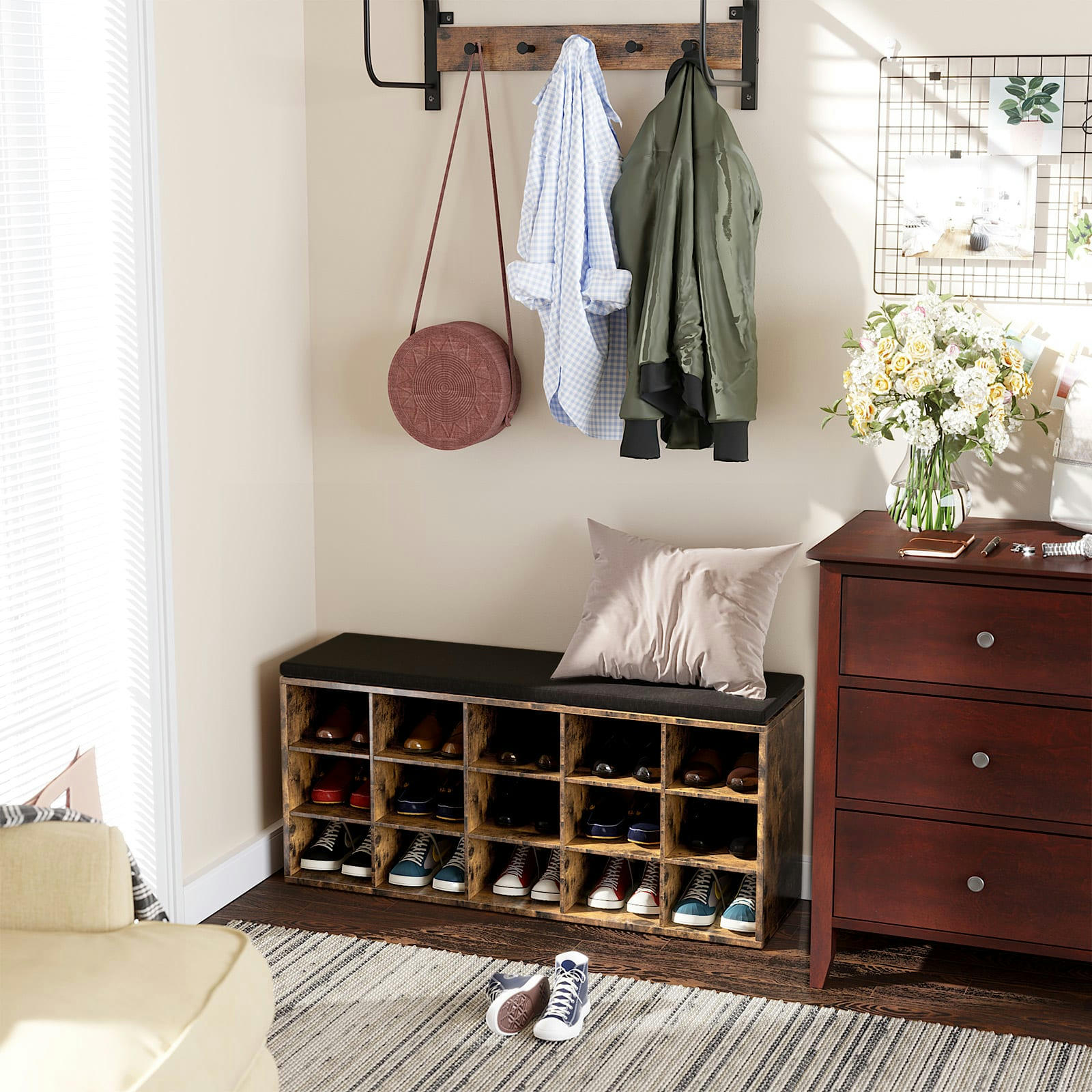 - Banc à chaussures 15 compartiments effet bois marron rustique