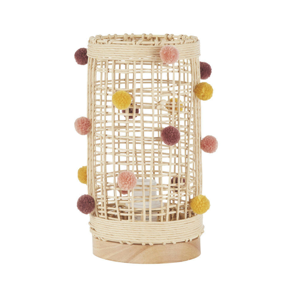 LINA - Lampe en hévéa et osier avec pompons multicolores