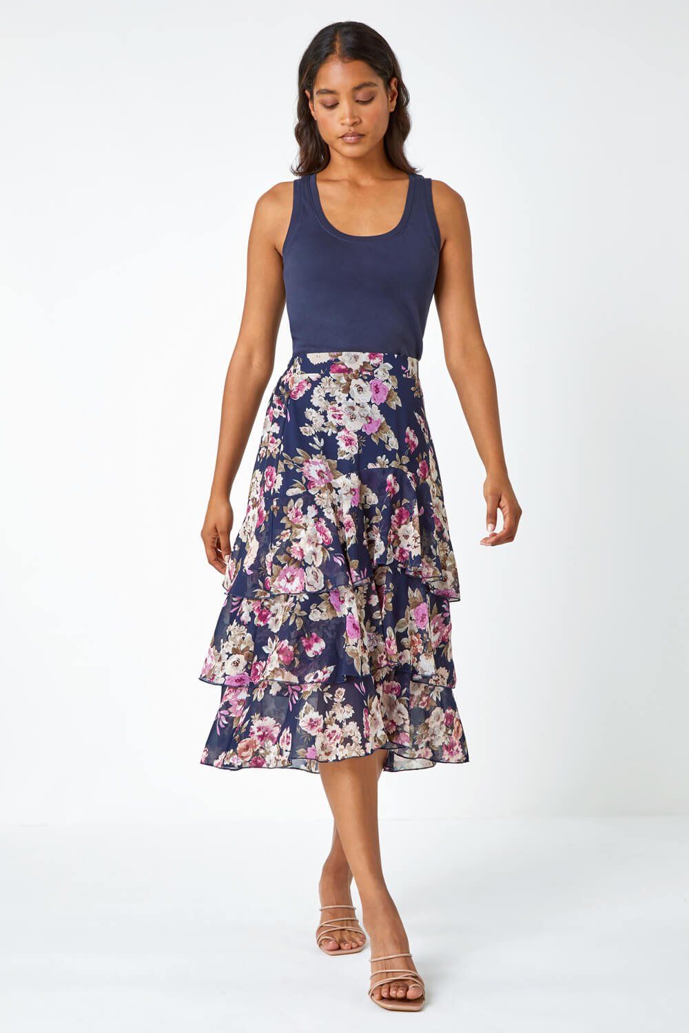Roman Floral Elastic Waist A Line Tiered Skirt