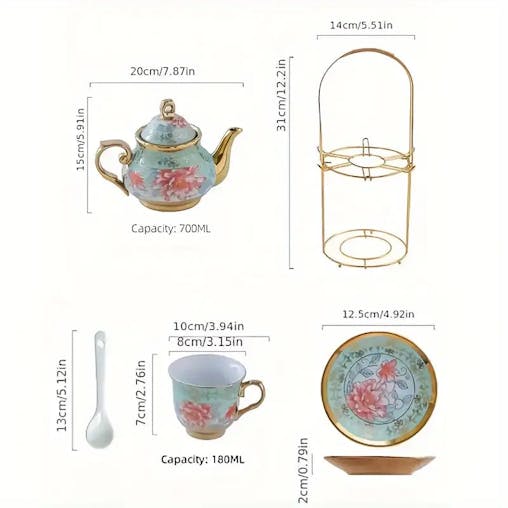 NNETM Green Elegance in Bloom: 20-Piece Ceramic Tea and Coffee Set with Iron Rack