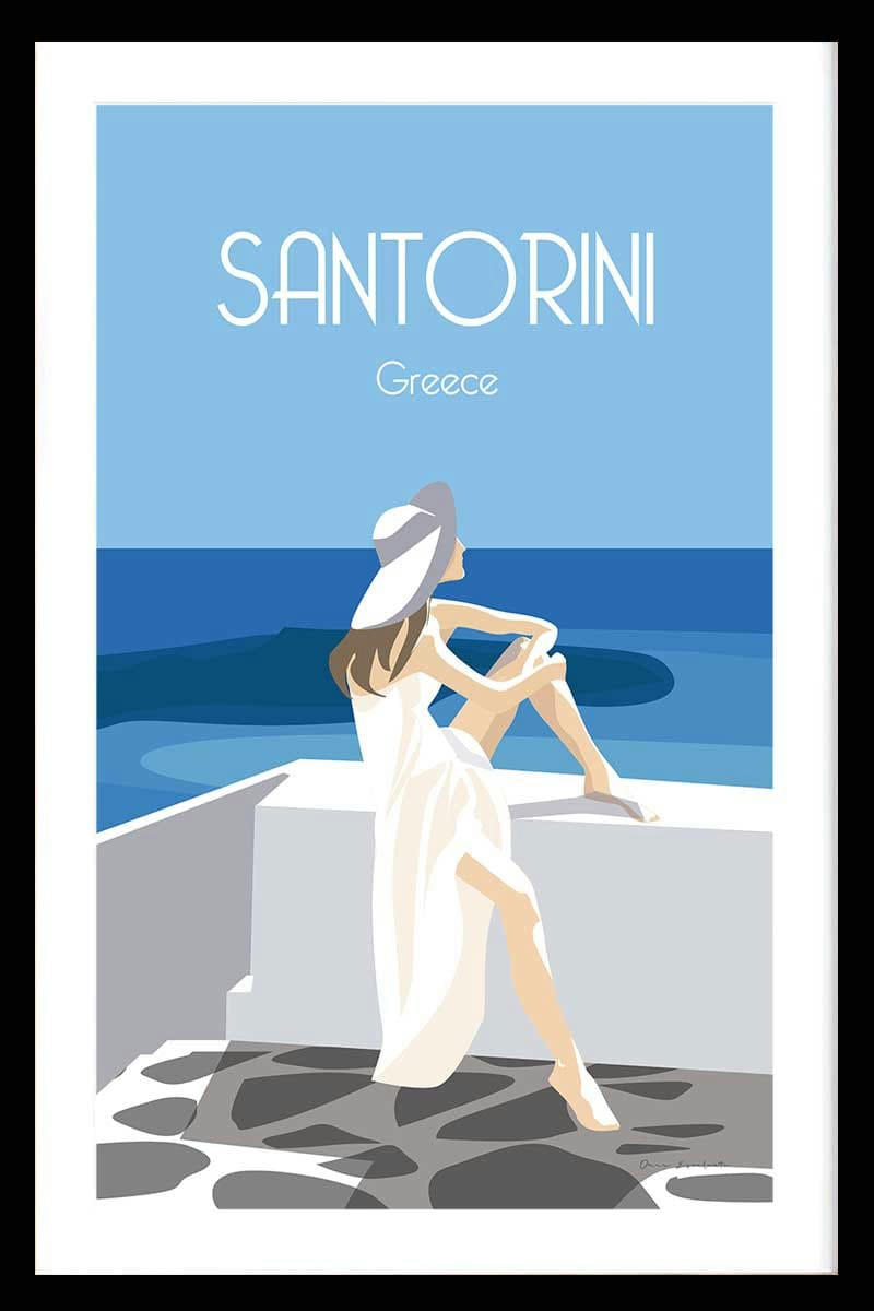 - Affiche voyage le bleu de Santorin avec cadre noir 30x45cm