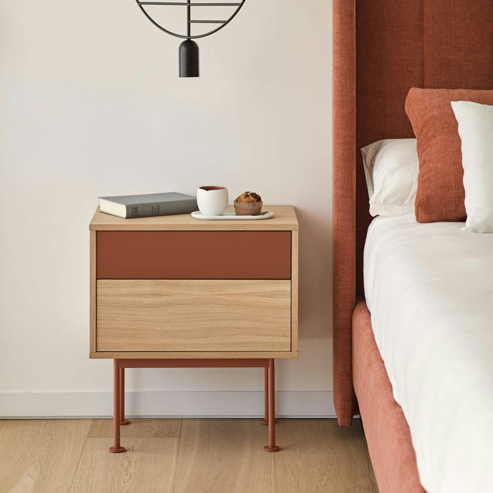 YOKO - Table de chevet 2 tiroirs en bois et métal rouge brique